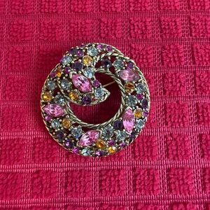 Vintage Rhinestone Swirl Brooch Gold Tone Pink Purple Mid Century Costume